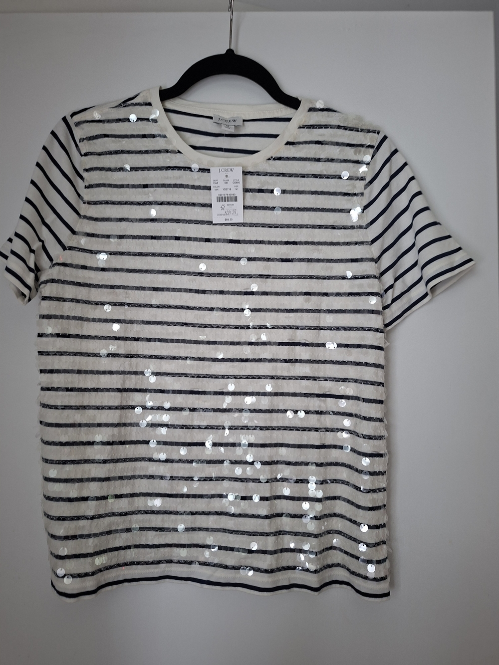 J. Crew Women’s Navy & White Striped Sequin Short Sleeve Tee Size M